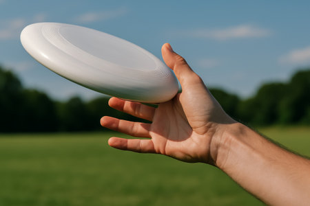 A hand preparing to throw a white disc frisbee in a sunny outdoor fieldの素材