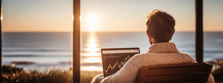 A man in a cozy sweater views his laptop at sunset near the oceanの素材