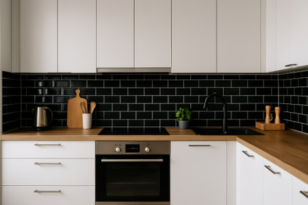 A stylish kitchen featuring black tiles, wooden countertops, and modern appliances in an elegant layoutの素材