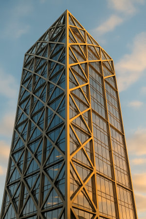 A striking modern tower showing a geometric facade with glass and metal elements against the skyの素材