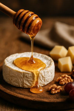 A wheel of creamy cheese topped with golden honey, accompanied by nuts and cubesの素材