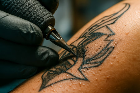 A tattoo artist is skillfully applying ink to a client's skin, creating an intricate designの素材
