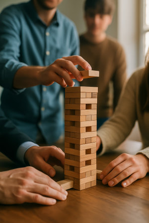 A group of friends enjoying a game of jenga, focusing on balancing wooden blocksの素材