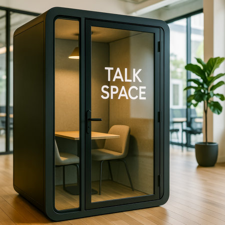 A sleek talk space booth designed for private conversations in a modern officeの素材
