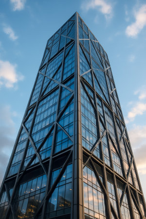A striking modern skyscraper featuring a glass facade illuminated by the evening lightの素材