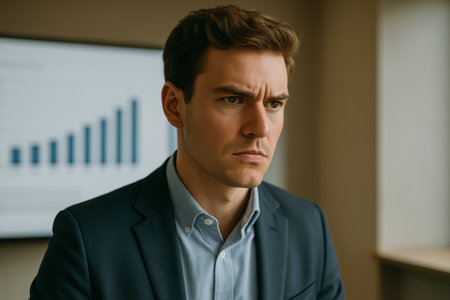 A serious young businessman looking thoughtful as he analyzes data in a corporate environmentの素材