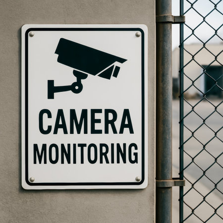 A security camera monitoring sign indicating surveillance presence next to a fenced areaの素材