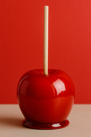 A glossy red apple with a wooden stick stands against a vivid red backdropの素材