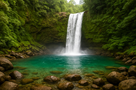 A stunning waterfall flows into a vibrant green pond, surrounded by lush greenery and stonesの素材
