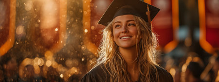 A joyful young woman in a graduation cap and gown smiling at her ceremonyの素材