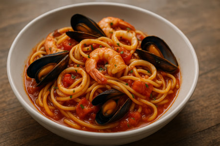 A bowl of seafood spaghetti featuring shrimp, mussels, and a flavorful tomato sauceの素材