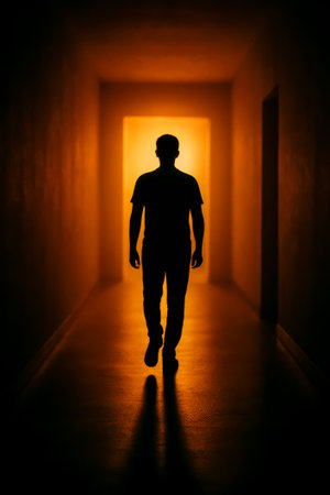 A silhouette of a man walking through a dark hallway towards a warm lightの素材