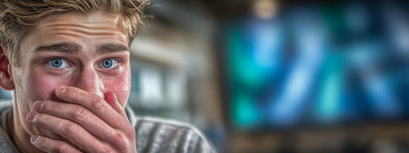 A young man with blue eyes covers his mouth, showing surprise and concern in a casual settingの素材