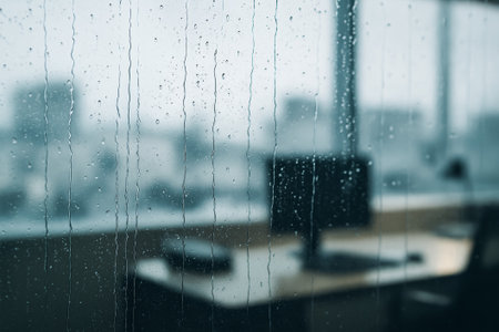 A rain-soaked window view of an office workspace creating a moody atmosphereの素材