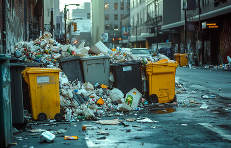Overflowing bins in an alleyway showcase urban waste management challenges in a city settingの素材