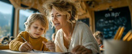 A mother and her child engage in a creative drawing session at a cafeの素材