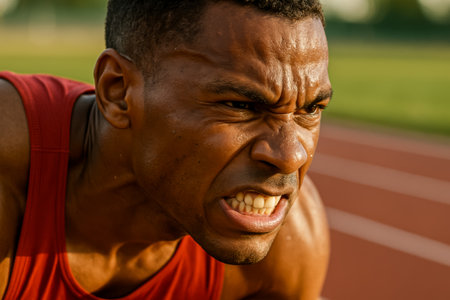 A focused athlete displaying intense emotion while preparing to sprint on a trackの素材