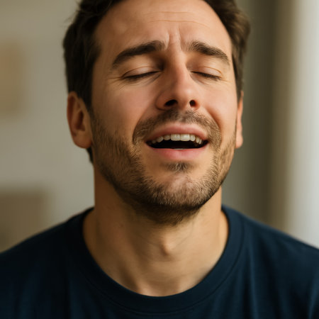 A man with closed eyes smiles gently, showing relaxation and contentment in a serene environmentの素材