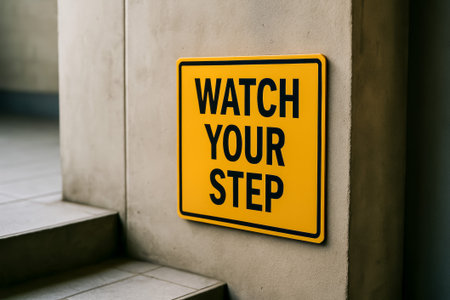 A bright yellow sign instructing people to watch their step in a building's hallwayの素材