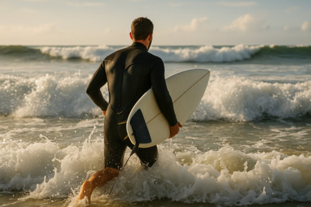 A male surfer in a wetsuit walks into the ocean with his surfboard during sunsetの素材