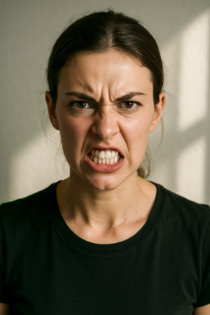 A young woman displaying intense anger with gritted teeth and furrowed eyebrowsの素材