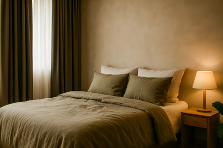 A serene bedroom featuring a neatly made bed and warm, inviting lighting for relaxationの素材