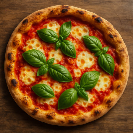 A mouthwatering margherita pizza topped with fresh basil leaves on a wooden tableの素材