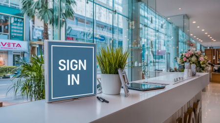 A stylish reception area featuring a sign-in screen, plants, and customer service elementsの素材