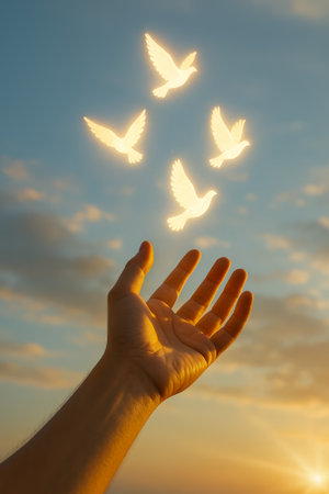 A hand reaches towards four glowing birds flying against a beautiful sky backdropの素材