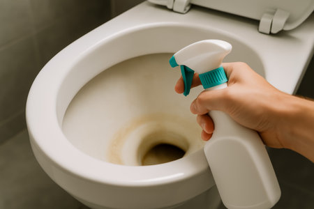 A person using a spray bottle to clean a toilet for effective sanitation and hygieneの素材