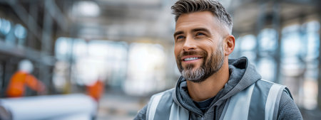 A smiling man in safety gear looking upwards at a construction site, exuding confidence and teamworkの素材