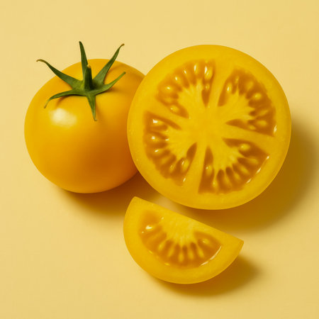 A vibrant yellow tomato and its slices displayed against a matching yellow backdropの素材