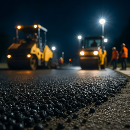 Heavy machinery working on road construction at night with workers in safety gear visibleの素材
