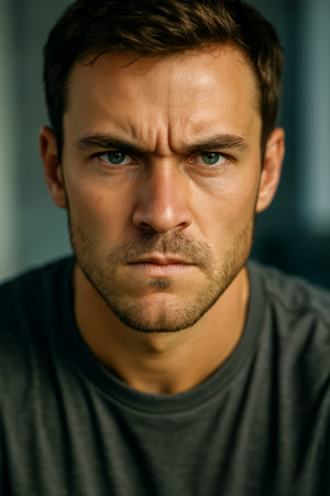 A close-up of a man displaying a serious expression with intense focused eyesの素材