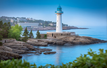 A picturesque lighthouse stands on rocks beside tranquil blue waters and lush greeneryの素材
