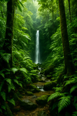 A beautiful waterfall cascades through a vibrant green forest filled with ferns and rocksの素材