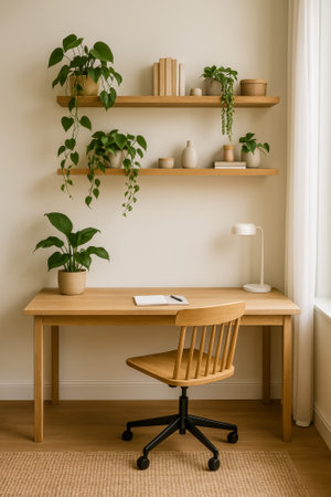 A minimalist workspace features a wooden desk, plant decor, and soft, natural lightの素材