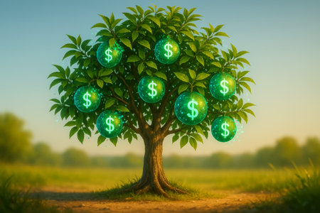 A money tree featuring vibrant green dollar symbols in a serene outdoor settingの素材