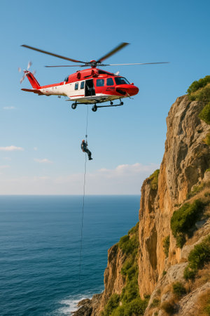 A helicopter conducts a rescue operation, lowering a rescuer near a cliff by the oceanの素材