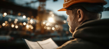 A construction worker in a hard hat reviews blueprints at a bustling job siteの素材