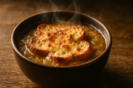 A warm bowl of French onion soup with toasted bread and melted cheese, steaming delicatelyの素材