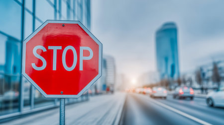 A vibrant red stop sign stands on a busy urban street with blurred traffic and buildingsの素材
