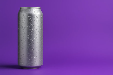 A silver can with droplets standing against a vibrant purple background, showcasing condensationの素材