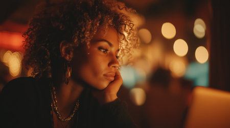 A woman with curly hair appears deep in thought in a cozy cafの素材