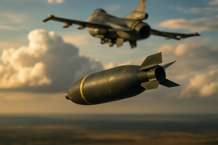 A military aircraft releases a bomb against a picturesque sky with clouds during flightの素材