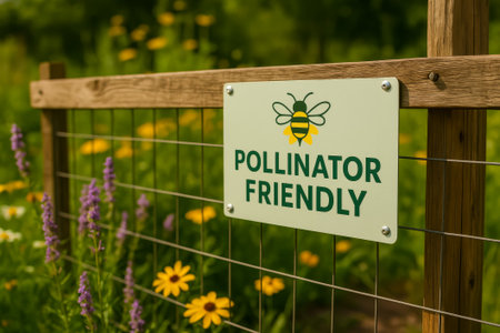 A sign indicating pollinator-friendly practices surrounded by colorful blooming flowers in a gardenの素材