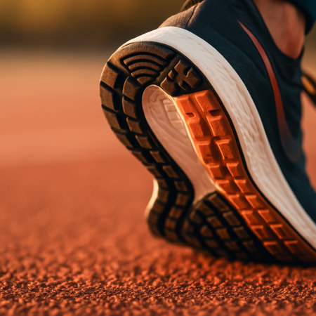 A close-up shot of a running shoe's sole on a track surface during a workoutの素材
