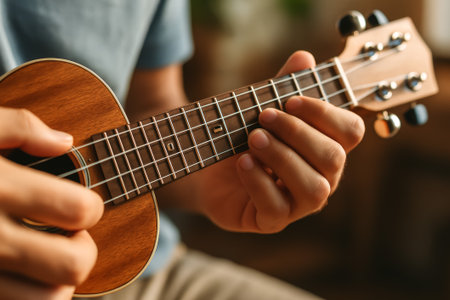 A close-up view of hands strumming a ukulele in a warm, inviting settingの素材