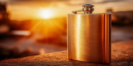 A sleek metallic flask beautifully outlined by the glowing sunset in the backgroundの素材