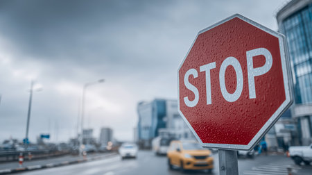 A close-up of a red stop sign with raindrops in an urban setting during gloomy weatherの素材